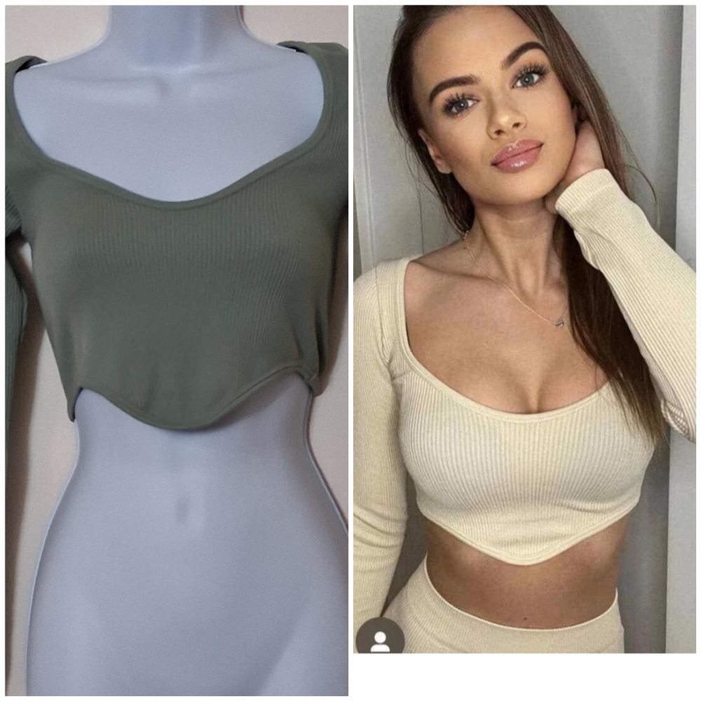 ZARA Womens Green Ribbed Crop Bustier Corset Top M/L  Long Sleeve Fairy Girly